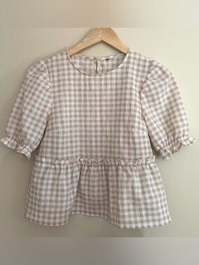 Beige Gingham Peplum Top